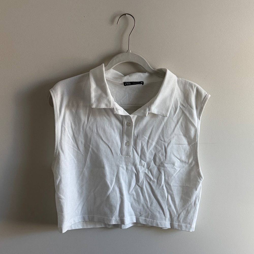 Zara White Sleeveless Crop Polo Top